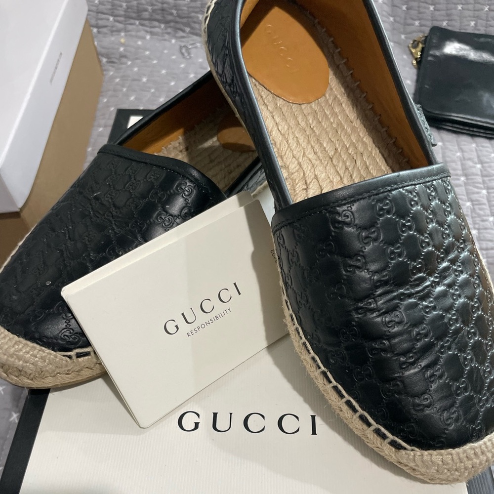 AUTHENTIC GUCCI MICROGUCCISSIMA WOMENS BLACK LEATHER ESPADRILLE SZ 37.5